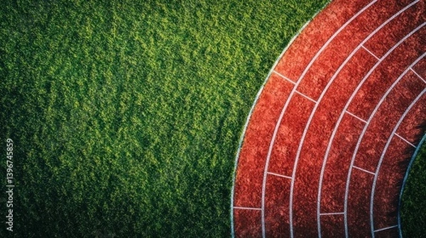 Fototapeta Curved running track meets grassy field, aerial view