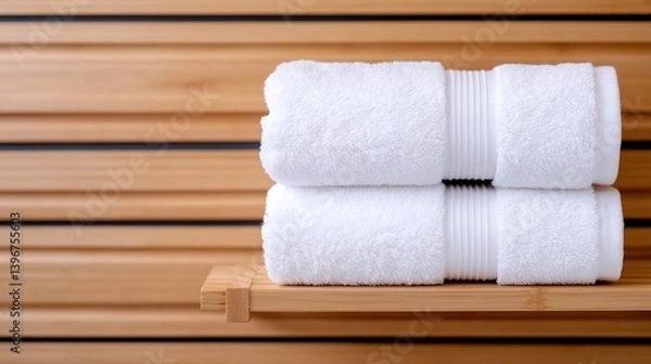 Fototapeta A serene setting featuring neatly rolled white towels resting on a wooden shelf against a backdrop of warm wooden panels, perfect for creating a calming atmosphere in any spa or ba