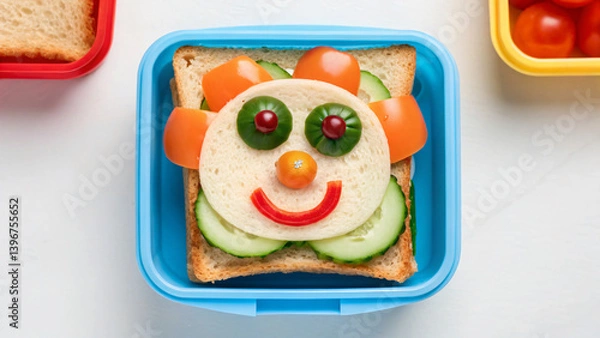 Fototapeta Playful Clown Face Sandwich Made With Fresh Vegetables and Colorful Ingredients
