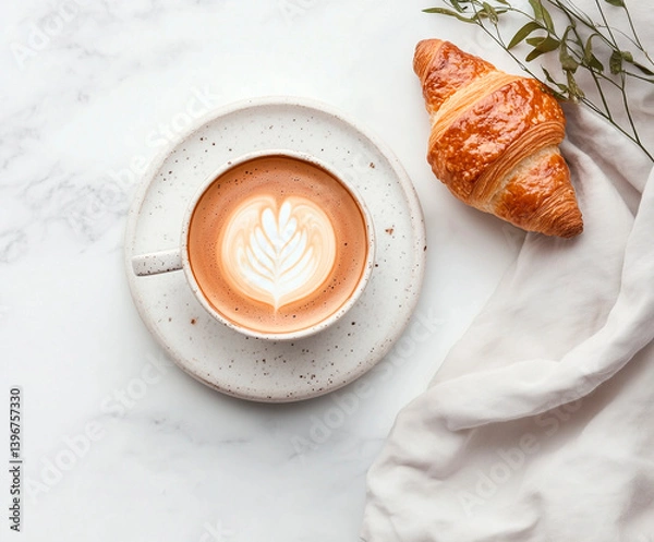 Obraz photo top view of cup of coffee with croissant next to it, on white background, warm tones