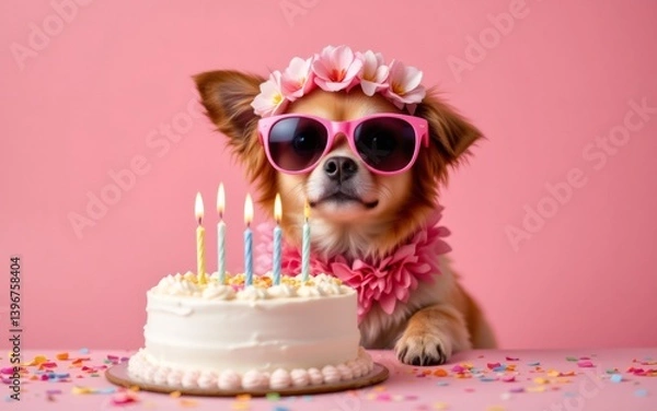 Obraz A playful dog with sunglasses and a floral crown sits beside a birthday cake with candles