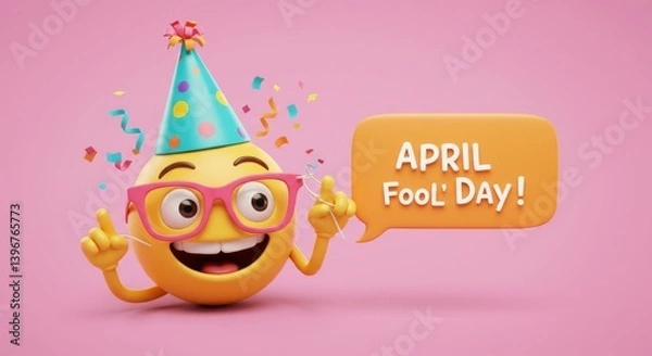 Fototapeta April Fools Day Emoji Celebration - A cheerful emoji celebrates April Fools' Day, wearing a party hat and glasses, holding confetti, and a speech bubble saying "April Fool's Day!". Fun, festive, joyfu