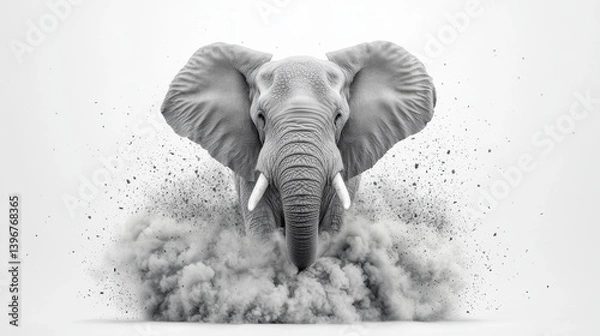 Obraz Monochromatic Elephant Emerging from Pixelated Dust Cloud, Generative AI.