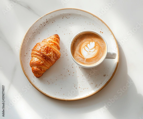 Obraz photo top view of cup of coffee with croissant next to it, on white background, warm tones