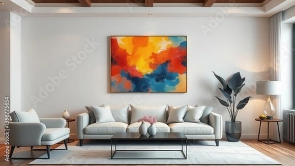 Fototapeta A stylish living room with a modern wall art mockup displaying a vibrant abstract painting, adding a pop of color to the decor, art, lifestyle, interior