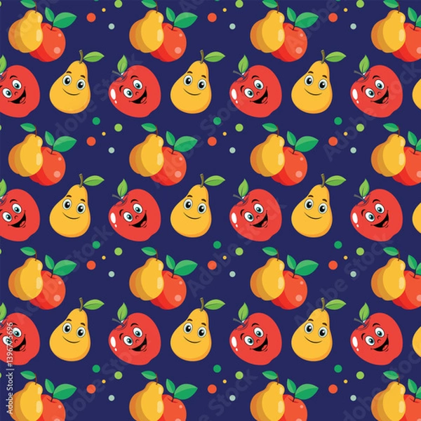 Fototapeta Bright seamless pattern with fruits, cute and funny apples and pears, in cartoon style