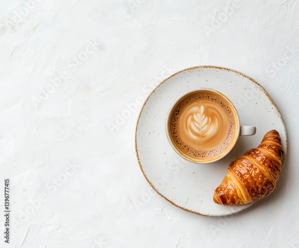 Obraz photo top view of cup of coffee with croissant next to it, on white background, warm tones