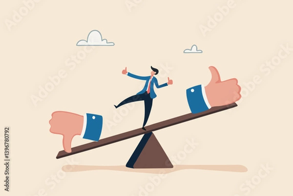 Fototapeta Demerit and merit evaluation, advantage and disadvantage in comparison, performance assessment, manager evaluation, judgment concept, businessman balance on seesaw with thumb up and thumb down.