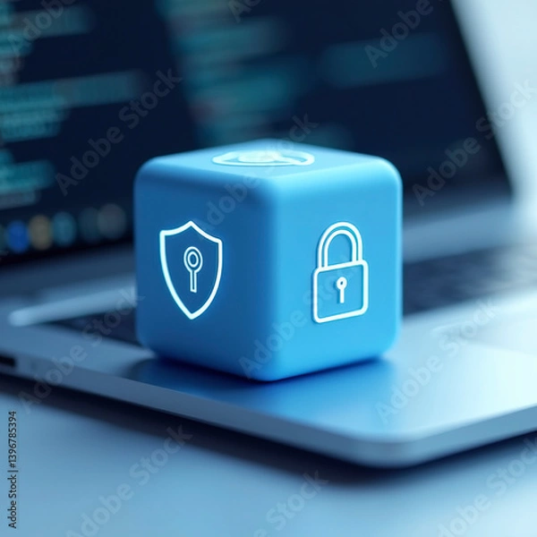 Fototapeta Cybersecurity Cube on Keyboard: Symbol of Digital Protection. Computer security concept. Blue padlock on a computer keyboard