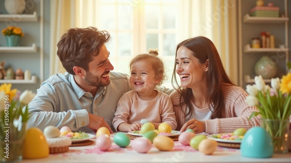Obraz Happy family celebrating Easter. Father, mother, daughter gathering at table decorated with Easter eggs, sharing festive meal. Easter dinner with family. table with traditional food and spring flowers