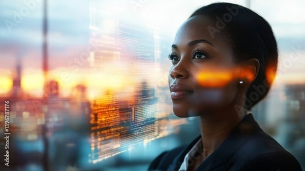 Fototapeta Confident Black executive woman gazes thoughtfully into the distance against a bustling urban skyline layered with digital business data at dusk