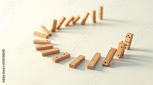 Fototapeta Domino effect. Wooden blocks falling on white table isolated on white background