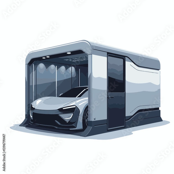 Fototapeta Modern auto detailing booth in sleek silver design, minimalist style