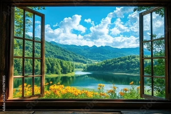 Fototapeta Open window to serene mountain lake