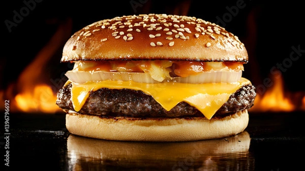Obraz delicious cheeseburger with melted cheese, grilled onions, and sesame seed bun, set against fiery background