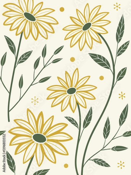 Fototapeta Decorative black silhouette of sunflowers and foliage in vintage botanical style, vector art for eco packaging and rustic illustrations