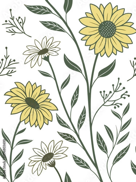 Fototapeta Floral silhouette vector of sunflowers and leaves, hand drawn botanical illustration for use in rustic wedding designs and cards