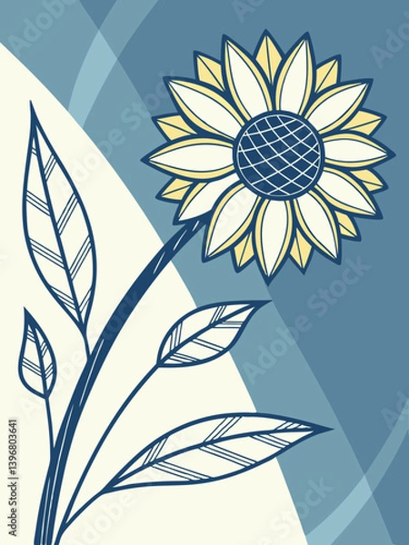 Fototapeta Hand drawn floral design of sunflower silhouettes, botanical black and white vector for rustic patterns and decorative print assets