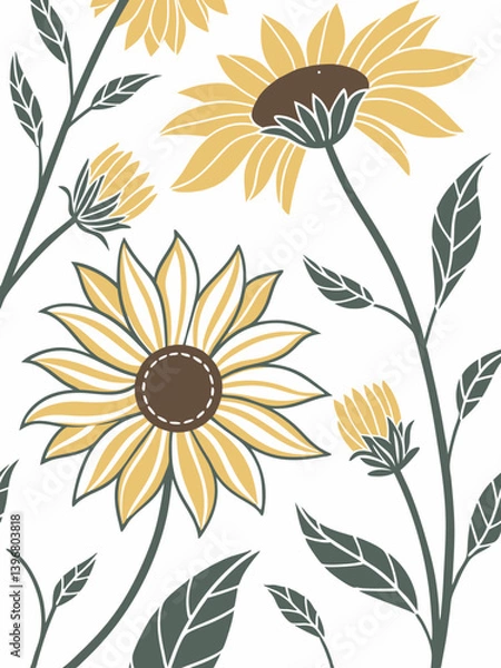 Fototapeta Floral line art vector with sunflowers and leafy stems in silhouette design, perfect for minimal home decor and natural-themed packaging design