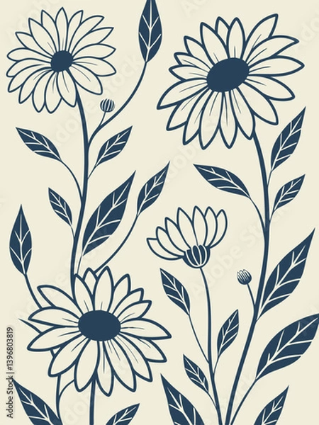 Fototapeta Hand drawn sunflower vector in silhouette style, botanical leaves and elegant stems for rustic wall art, decorative cards, and background textures