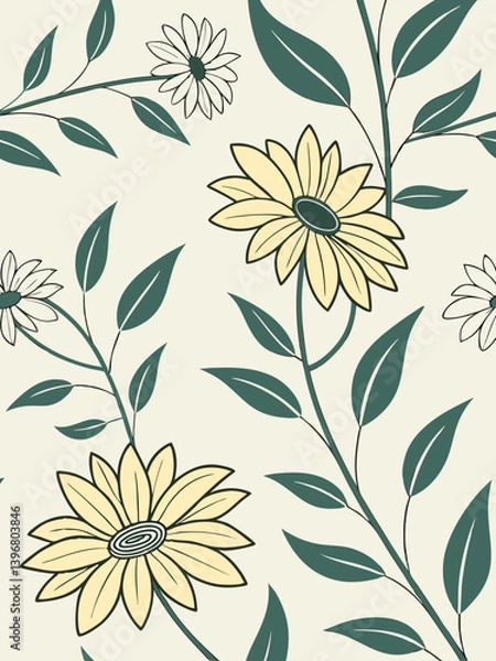 Fototapeta Rustic floral background with sunflower silhouettes and botanical illustration style, perfect for handmade craft and nature design elements
