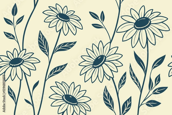 Fototapeta Rustic floral background with sunflower silhouettes and botanical illustration style, perfect for handmade craft and nature design elements