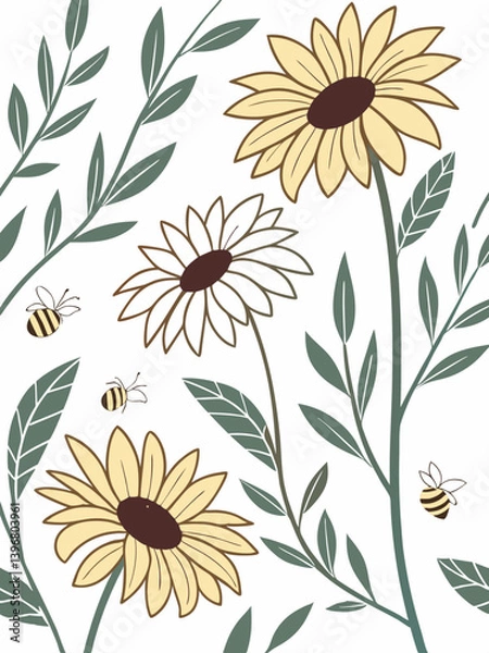 Fototapeta Sunflower silhouette illustration with nature-inspired elements and hand drawn floral style, perfect for decorative art and rustic-themed graphic design