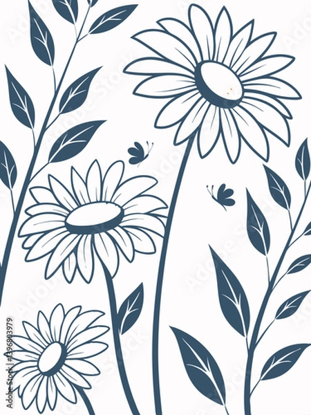 Fototapeta Botanical line art illustration of sunflowers and leaves, floral silhouette vector with rustic and natural style for cards, prints, and backgrounds