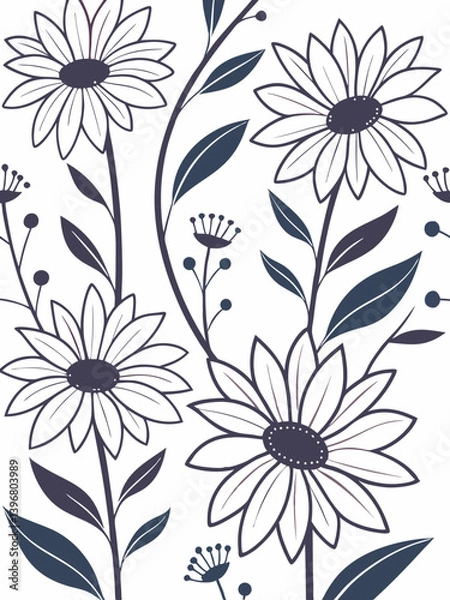 Fototapeta Decorative sunflower silhouette vector pattern with botanical elements, perfect for natural backgrounds, textile art, and vintage illustration projects