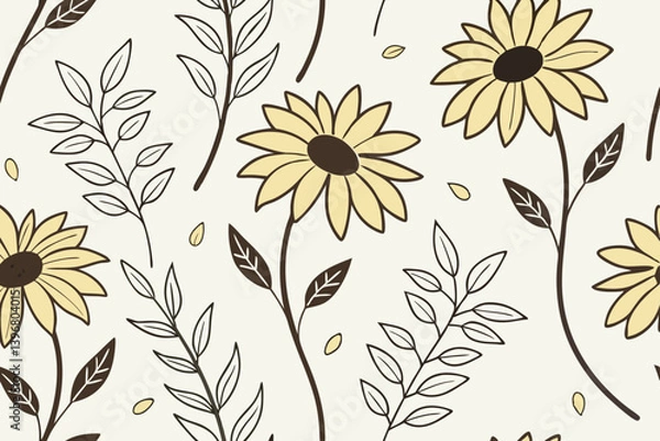 Fototapeta Hand drawn sunflower vector with floral silhouette style, minimal black and beige composition ideal for rustic and nature-themed decorative art