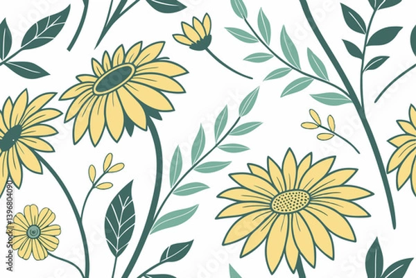 Fototapeta Hand drawn botanical sunflower vector in monochrome silhouette style, featuring natural flowers and stems, great for textile prints and minimal floral designs