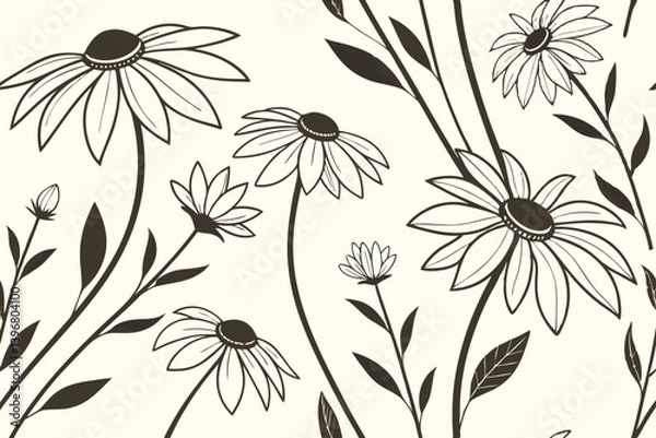 Fototapeta Elegant sunflower floral silhouette vector art with leaves and botanical elements, ideal for wallpaper, fabric design, packaging, and rustic-style invitations