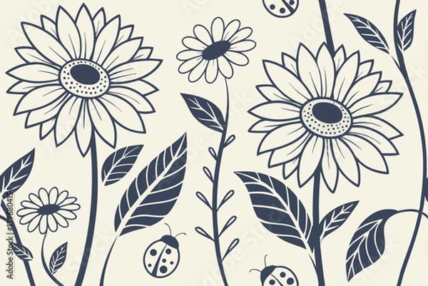 Fototapeta Decorative sunflower pattern in botanical line art style, black and beige silhouette flowers with nature-inspired floral elements for vector backgrounds and decor