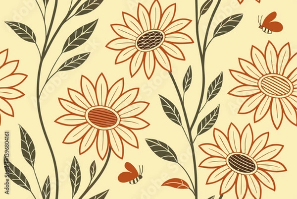 Fototapeta Elegant floral silhouette with blooming sunflowers and leafy branches, hand drawn botanical vector perfect for rustic and natural-themed wall art and prints