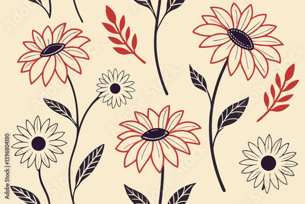 Fototapeta Vintage sunflower vector illustration in floral silhouette style with botanical stems and leaves, perfect for natural patterns and garden-themed decorative projects