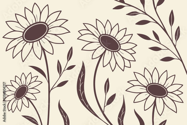 Fototapeta Hand drawn sunflower silhouette floral pattern with botanical leaves, nature-inspired vector design for decorative art, backgrounds, or rustic home decor themes