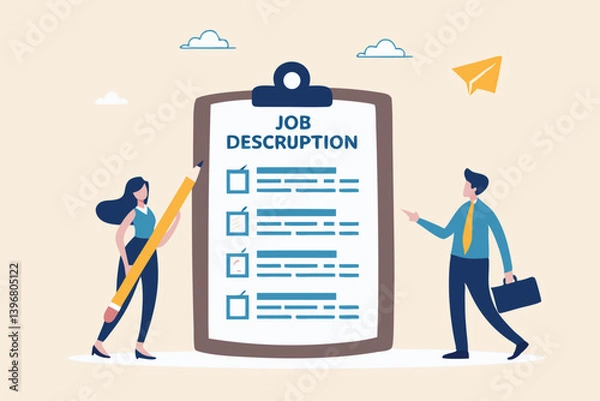 Fototapeta Job description, qualification and requirement for job position, working scope document, duty and responsibility for employment concept, business people employer writing job description document.