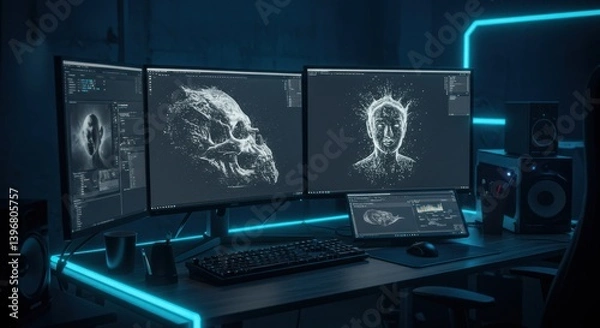Fototapeta multi-monitor setup displaying AI-driven image generation software in action, with realistic digital artwork