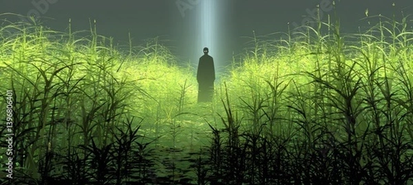 Fototapeta  silhouette of alien on tall grass field with shiny light. Horror creepy haunted background. Generative AI technology.	
