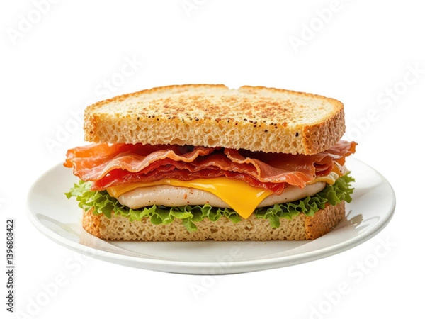 Obraz Delicious sandwich with layers of ham, cheese, and fresh lettuce
