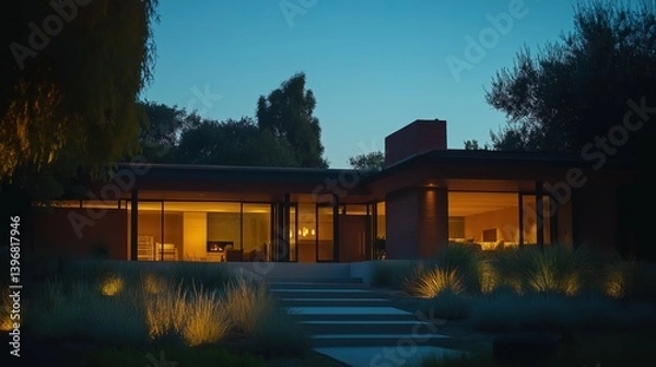 Fototapeta Modern home glowing at dusk with soft garden lights, blending warmth and sleek architecture