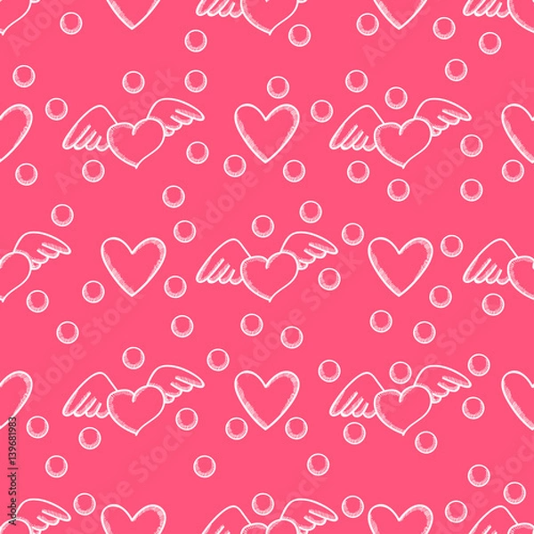 Fototapeta Seamless hand drawn pattern with hearts and circle on a pink background. 