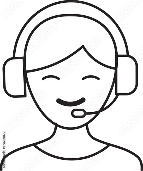 Fototapeta simple line drawing of person wearing headset with microphone, smiling. illustration suggests communication and customer service