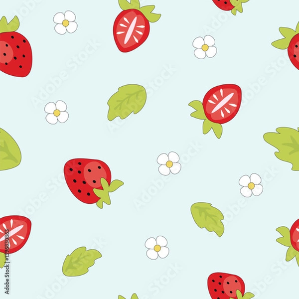 Fototapeta seamless pattern with strawberry. red berries with white flowers. 