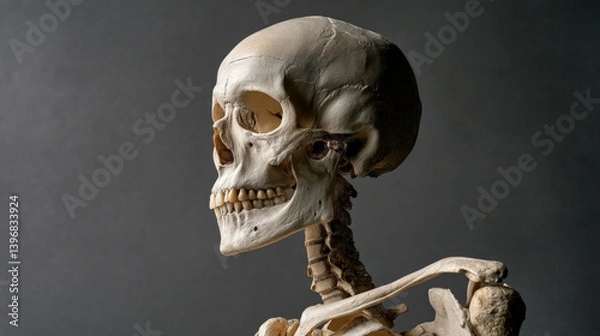 Fototapeta A high-resolution side-view photo of a human skeleton leaning slightly forward, bone surface showing light weathering and beige tint, illuminated by soft ambient light from the left
