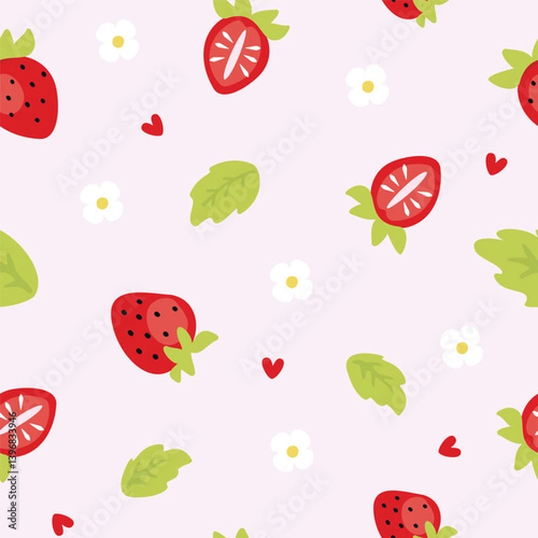 Fototapeta seamless pattern with strawberry. red berries with white flowers. 