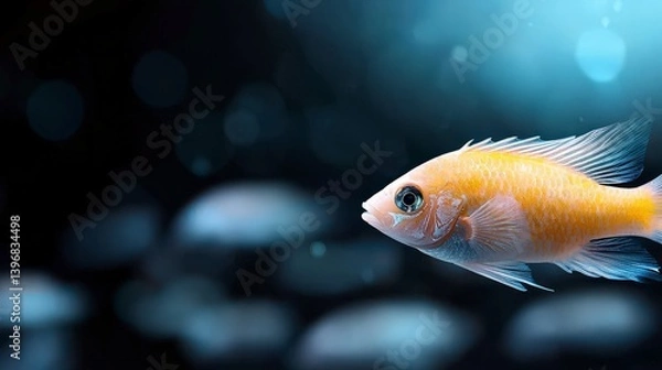 Obraz Vibrant Orange Fish Swimming Gracefully in Clear Water with Soft Blue Background and Glimmering Light Effects