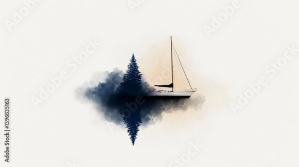 Obraz Serene Sailboat Silhouette Overlapping Forest Reflections in Abstract Art Design with Soft Color Palette