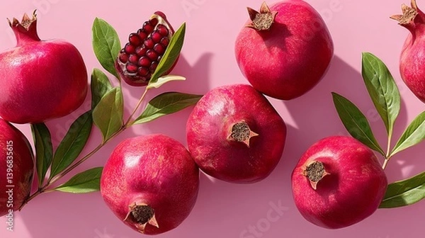 Fototapeta Bunch of red pomegranates with green leaves. The pomegranates are arranged in a row and are surrounded by leaves. Concept of freshness and natural beauty