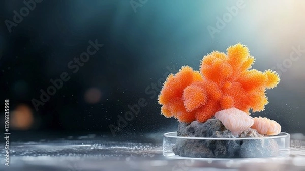 Obraz Vibrant Coral Reef Display with Bright Orange Coral and Shells in Innovative Aquarium Environment